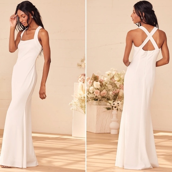 LULUS Bridal Wedding Chic Minimalist Sexy Mermaid Trumpet Criss Cross Back Gown - Picture 3 of 4